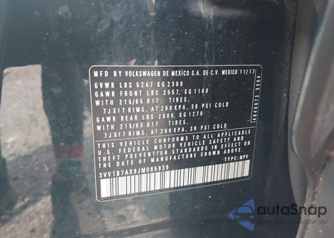 2018 Volkswagen Tiguan 2.0T S from USA, damaged, VIN 3VV1B7AX9JM085939
